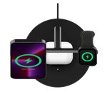 Imagen del cargador inalámbrico Belkin WIZ017vfBK en color negro compatible con auriculares, smartphones y relojes inteligentes. SKU: WIZ017VFBK.