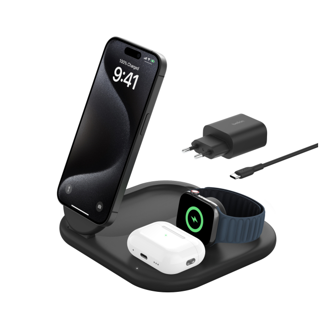 Belkin cargador inalámbrico para auriculares, smartphone y reloj inteligente con carga rápida Imagen del cargador inalámbrico Belkin BoostCharge en color negro, compatible con auriculares, smartphones y relojes inteligentes. Modelo con carga rápida SKU WIZ029VFBK