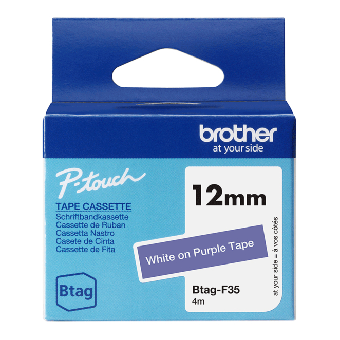 Brother cinta de impresora de etiquetas blanco sobre morado, alta calidad Brother BTAG-F35 cinta para impresora de etiquetas en blanco sobre morado, ideal para etiquetas duraderas y de alta visibilidad. SKU: BTAGF35.