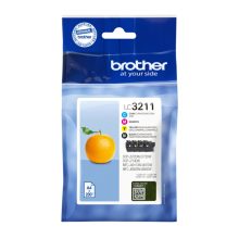 Paquete de 4 cartuchos de tinta Brother LC3211VALDR en colores negro, cian, magenta y amarillo. SKU: LC3211VALDR