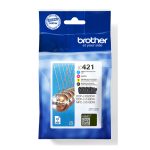 Imagen del cartucho de tinta Brother LC421VAL, paquete de 4 piezas con rendimiento estándar, en los colores negro, cian, magenta y amarillo. SKU LC421VAL