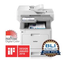 Vista frontal de la Brother MFC-L9570CDW, impresora multifunción láser A4 con resolución de 2400 x 600 DPI, velocidad de 31 ppm y conectividad WiFi. SKU: MFCL9570CDWRE1