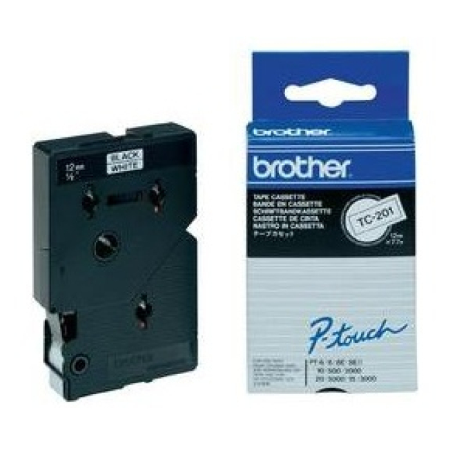 Brother etiqueta autoadhesiva laminada de alta durabilidad Brother Gloss Laminated Labelling Tape de 12mm en negro y blanco, paquete de 10, SKU TC201A, ideal para imprimir etiquetas duraderas y de alta calidad.
