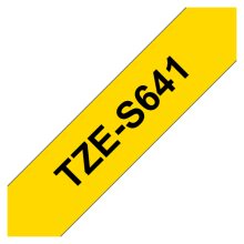 Cinta para impresora de etiquetas Brother TZE-S641, texto negro sobre fondo amarillo. SKU: TZES641
