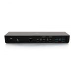 Base de triple pantalla C2G con puertos HDMI y DisplayPort, ethernet, USB, audio de 3,5 mm y suministro de energía hasta 85 W, compatible TAA, SKU 80925