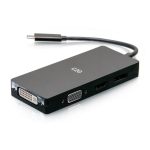 El adaptador multipuerto USB-C de C2G modelo C2G54454 con salidas de vídeo HDMI, DisplayPort, DVI y VGA, compatible con resolución 4K a 60 Hz.