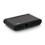 Vista de la C2G Base compacta USB-C 4 en 1, con puertos HDMI, USB-A, Ethernet y USB-C, soporta hasta 100W y 4K a 30 Hz, SKU: C2G54455