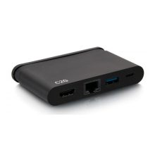 Vista de la C2G Base compacta USB-C 4 en 1, con puertos HDMI, USB-A, Ethernet y USB-C, soporta hasta 100W y 4K a 30 Hz, SKU: C2G54455