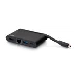 Vista de la C2G Base compacta USB-C 4 en 1, con puertos HDMI, USB-A, Ethernet y USB-C, soporta hasta 100W y 4K a 30 Hz, SKU: C2G54455