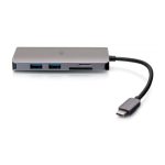 Imagen de la mini base C2G USB-C 8 en 1 con HDMI, 2 puertos USB-A, Ethernet, lector de tarjeta SD y USB-C hasta 100W, SKU C2G54458