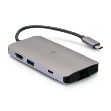 Imagen de la mini base C2G USB-C 8 en 1 con HDMI, 2 puertos USB-A, Ethernet, lector de tarjeta SD y USB-C hasta 100W, SKU C2G54458