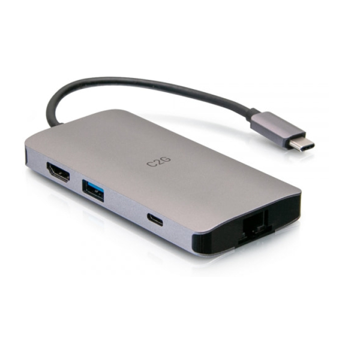 C2G Mini base USB-C 8 en 1 con HDMI y alimentación de hasta 100W Imagen de la mini base C2G USB-C 8 en 1 con HDMI, 2 puertos USB-A, Ethernet, lector de tarjeta SD y USB-C hasta 100W, SKU C2G54458