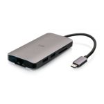 Imagen de la mini base C2G USB-C 8 en 1 con HDMI, 2 puertos USB-A, Ethernet, lector de tarjeta SD y USB-C hasta 100W, SKU C2G54458