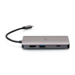 Imagen de la mini base C2G USB-C 8 en 1 con HDMI, 2 puertos USB-A, Ethernet, lector de tarjeta SD y USB-C hasta 100W, SKU C2G54458