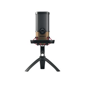 Micrófono de mesa CHERRY UM 9.0 PRO RGB en color negro y cobre, ideal para grabaciones profesionales, SKU JA-0720