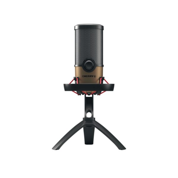 Micrófono de mesa CHERRY UM 9.0 PRO RGB en color negro y cobre, ideal para grabaciones profesionales, SKU JA-0720