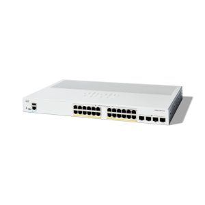 Vista del switch Cisco Catalyst 1300 gestionado L2/L3 Gigabit Ethernet, modelo C1300-24P-4X, color gris, compatible con PoE.