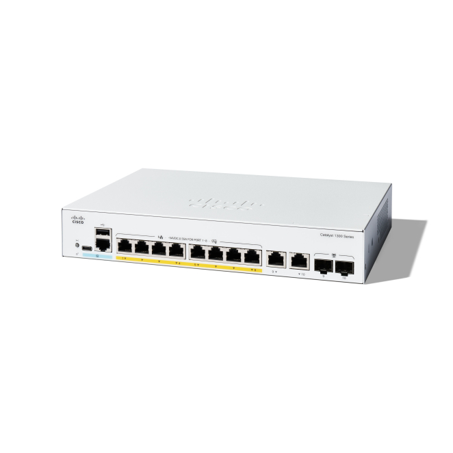 Cisco Catalyst 1300 Switch Gigabit Ethernet con PoE Cisco Catalyst 1300 Switch Gestionado L2 Gigabit Ethernet, PoE, SKU C1300-8FP-2G