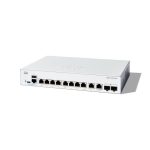 Vista frontal del Cisco Catalyst 1300, un switch gestionado L2 con capacidad de Gigabit Ethernet (10/100/1000) y soporte de Energía sobre Ethernet (PoE), SKU C1300-8T-E-2G.