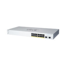 Imagen del switch Cisco CBS220-16T-2G gestionado L2 con 16 puertos Gigabit Ethernet y 2 puertos Gigabit adicionales en color blanco, SKU CBS220-16T-2G-UK