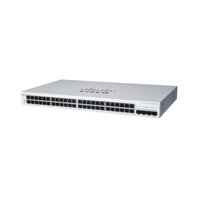 Cisco Switch Gestionado L2 Gigabit Ethernet con PoE Blanco Vista frontal del switch Cisco CBS220-48FP-4X, cuenta con puertos Gigabit Ethernet (10/100/1000), gestionado nivel 2, y soporte PoE, SKU CBS220-48FP-4X-UK
