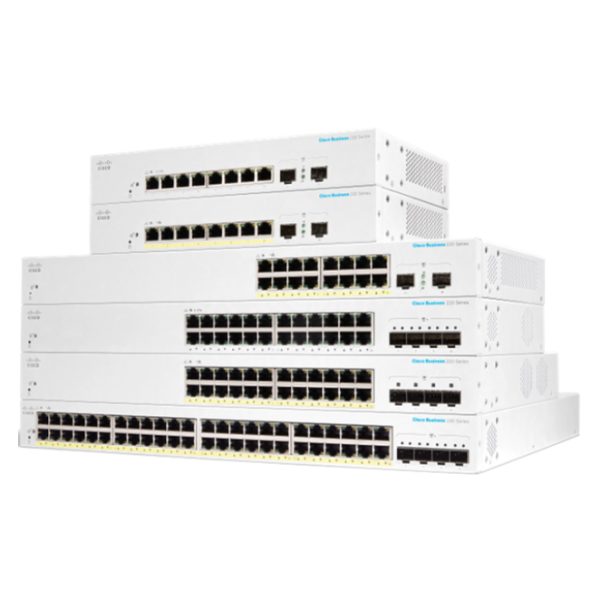 Imagen del switch gestionado L2 Cisco CBS220-8FP-E-2G-EU con energía sobre Ethernet (PoE), puertos Gigabit Ethernet y diseño en color blanco. SKU: CBS220-8FP-E-2G-EU