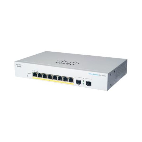 Imagen del switch Cisco CBS220-8P-E-2G-EU gestionado L2 con puertos Gigabit Ethernet (10/100/1000) y tecnología PoE, color blanco. SKU: CBS220-8P-E-2G-EU