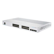 Vista lateral y frontal del Cisco CBS250-24T-4X-EU, un switch gestionado L2/L3 Gigabit Ethernet con 24 puertos, color plata, SKU CBS250-24T-4X-EU