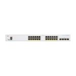Imagen del switch de Cisco CBS250 model CBS250-24T-4X-UK, un dispositivo gestionado L3 con conexiones Gigabit Ethernet y diseño compacto de 1U en color gris