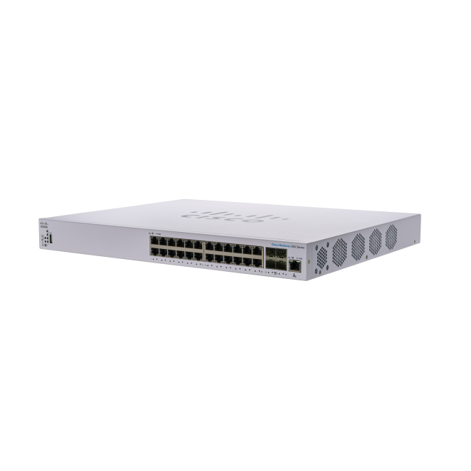 Cisco Switch Gestionado L3 10G Ethernet 24 Puertos Vista frontal del switch Cisco CBS350-24XT-UK gestionado L3 con 24 puertos 10G Ethernet, SKU CBS350-24XT-UK, en colores negro y gris