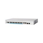 Imagen del switch Cisco CBS350 gestionado L3 con capacidad 2.5G Ethernet, PoE, en formato 1U, SKU CBS350-8MP-2X-UK. Color negro y gris.