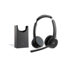 Auricular y casco inalámbrico diadema Cisco, modelo HS-WL-722-BUNAS-C, ideal para oficina y centros de llamadas, color negro, con base de carga y tecnología Bluetooth.