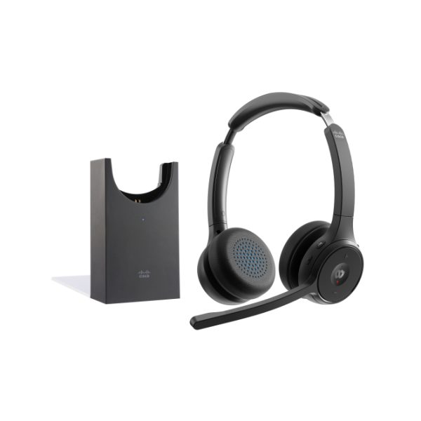 Auricular y casco inalámbrico diadema Cisco, modelo HS-WL-722-BUNAS-C, ideal para oficina y centros de llamadas, color negro, con base de carga y tecnología Bluetooth.