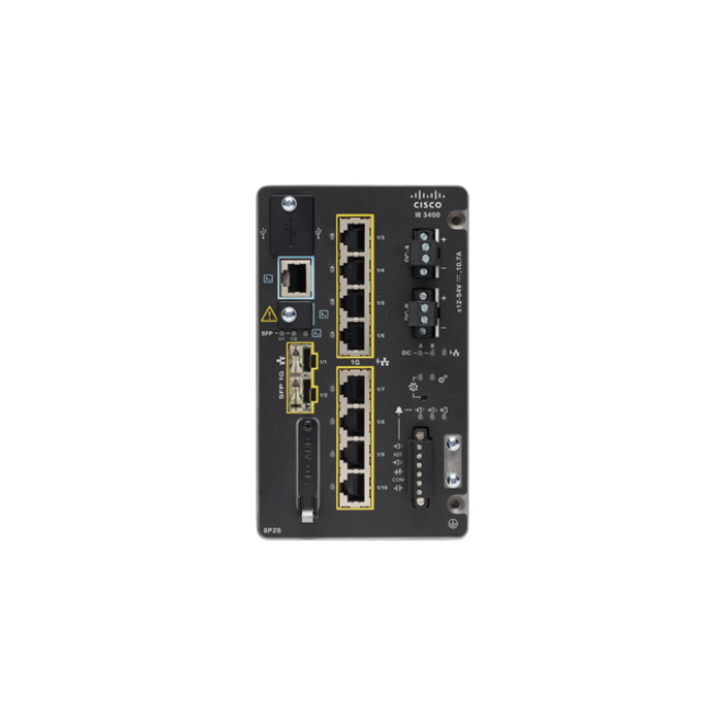 Cisco Switch Gestionado L2/L3 Gigabit Ethernet con PoE Imagen del Cisco IE-3400-8P2S-A, un switch gestionado L2/L3 Gigabit Ethernet (10/100/1000) con PoE, color negro. SKU IE-3400-8P2S-A.