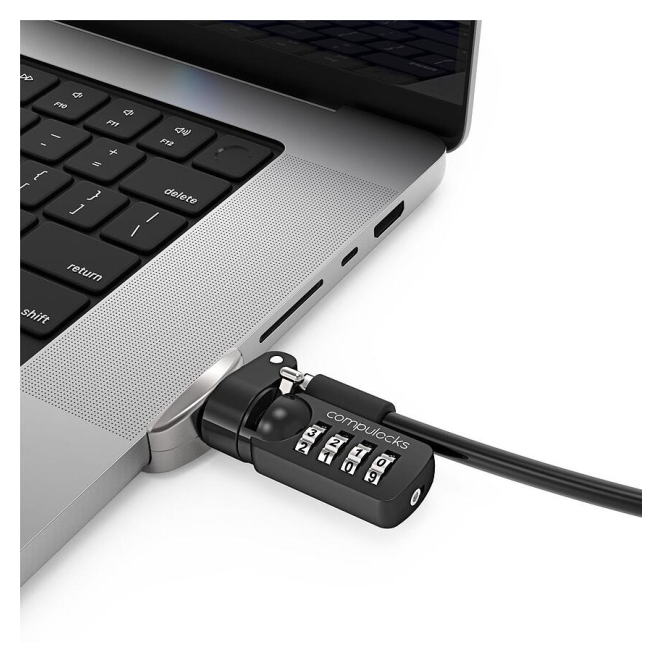Compulocks cable antirrobo para portátiles Negro Plata resistente Imagen del cable antirrobo Compulocks MBPR16LDG02CL en colores Negro y Plata, ideal para asegurar portátiles. SKU: MBPR16LDG02CL