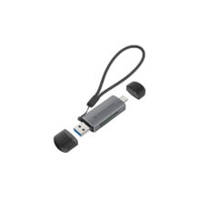 Imagen del Conceptronic lector de tarjeta USB 3.2 Gen 1, modelo BIAN05G, en color gris, compatible con conectores Type-A y Type-C, perfecto para almacenamiento externo