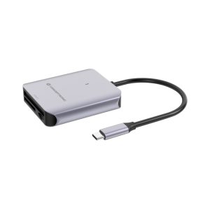 Imagen del lector de tarjeta Conceptronic BIAN09G de color gris con conexión USB 3.2 Gen 2 Type-C. Alta velocidad y compatibilidad con múltiples formatos de tarjetas.