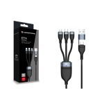 Cable USB 2.0 de Conceptronic, 1.5 metros, con conectores USB C, Micro-USB B y Lightning en color negro. SKU: ETTA06B15