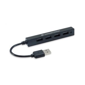 Hub USB 2.0 de la marca Conceptronic con capacidad de transferencia de 480 Mbit por segundo en color negro, SKU HUBBIES05B