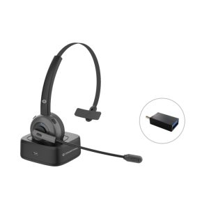 Auricular inalámbrico Conceptronic POLONA03BD con diadema y base de carga, color negro, ideal para oficina o centro de llamadas. SKU: POLONA03BD.