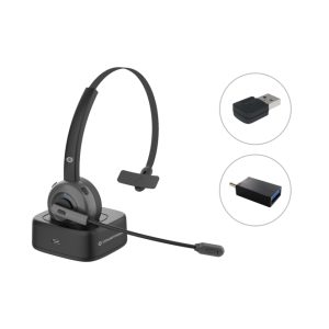 Auriculares inalámbricos Conceptronic POLONA03BDA de diadema en color negro, ideales para oficina o centro de llamadas, con tecnología Bluetooth y base de carga