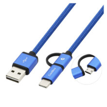 CoolBox cable trenzado de USB-A a Micro-USB y USB-C en color azul, modelo COO-CAB-U2MC-BL, ideal para transferencias rápidas y carga eficiente