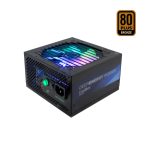 CoolBox Gaming fuente de alimentación ATX con 600W RGB y certificación 80+ Bronze, modelo que opera entre 110V y 240V. SKU: DG-PWS600-MRBZ