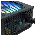 CoolBox Gaming fuente de alimentación ATX con 600W RGB y certificación 80+ Bronze, modelo que opera entre 110V y 240V. SKU: DG-PWS600-MRBZ