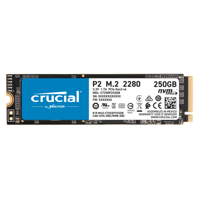 Crucial P2 SSD 250 GB con 3D NAND y PCIe 3.0 Crucial P2 250 GB SSD, M.2 PCI Express 3.0 NVMe, con tecnología 3D NAND, SKU CT250P2SSD8T