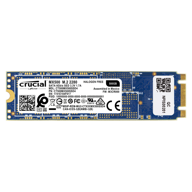 Crucial MX500 SSD 500 GB M.2 de alto rendimiento Imagen del SSD Crucial MX500 de 500 GB en formato M.2, ideal para aumentar la capacidad de almacenamiento y mejorar el rendimiento. SKU CT500MX500SSD4.