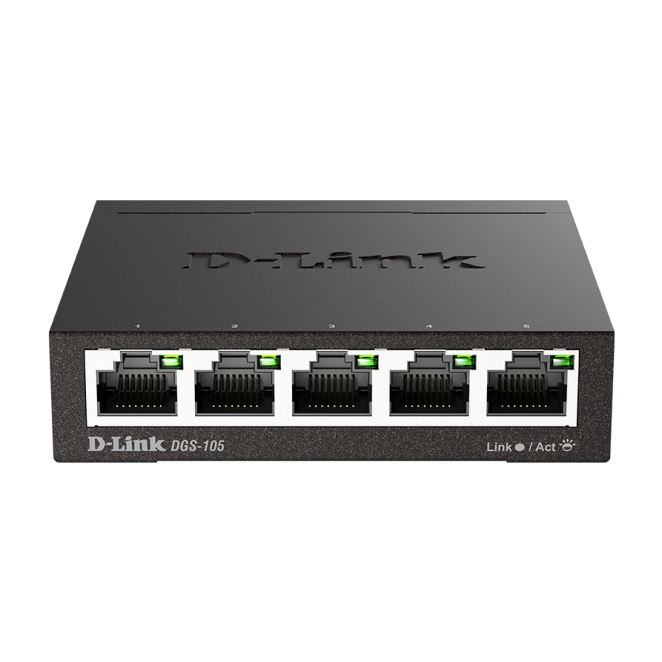 D-Link DGS-105 Switch No Administrado con 5 Puertos Gigabit Ethernet Switch no administrado D-Link DGS-105 con 5 puertos Gigabit Ethernet, modelo SKU DGS-105/E, color negro