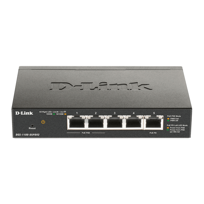 D-Link Switch Gestionado con PoE y Gigabit Ethernet Imagen del switch gestionado D-Link DGS-1100-05PDV2 con características de Gigabit Ethernet (10/100/1000) y soporte PoE, en color negro. SKU: DGS-1100-05PDV2