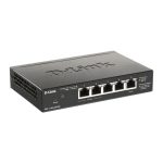 Imagen del switch gestionado D-Link DGS-1100-05PDV2 con características de Gigabit Ethernet (10/100/1000) y soporte PoE, en color negro. SKU: DGS-1100-05PDV2