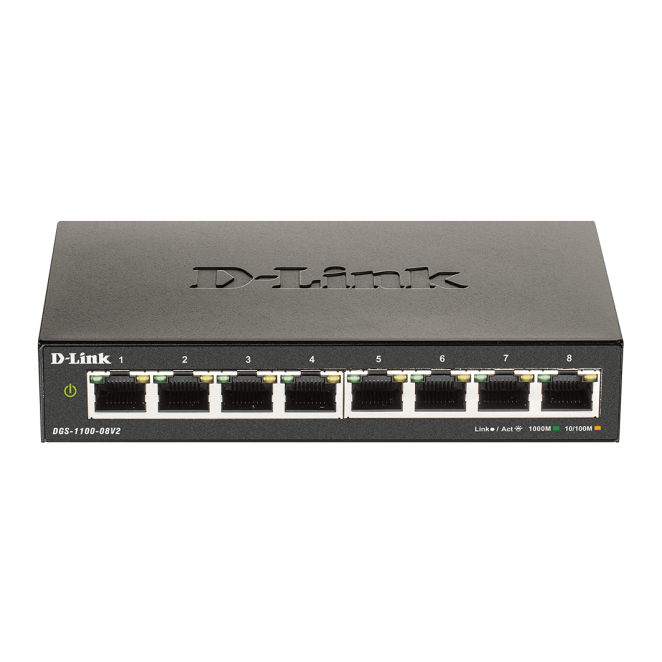 D-Link switch gestionado L2 Gigabit Ethernet 10/100/1000, color negro Switch gestionado D-Link DGS-1100-08V2 con puertos Gigabit Ethernet 10/100/1000 en color negro. SKU DGS-1100-08V2/E